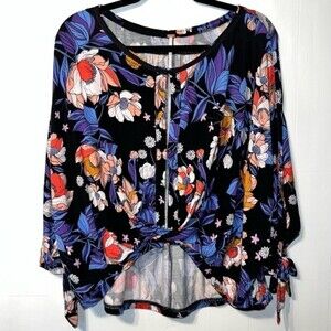Free People Keepin On Shirt Dark Floral Twist Front Tie Sleeve Casual Size XS
